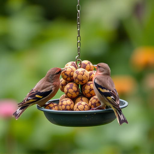 Garden birds sharing fat balls in feeder