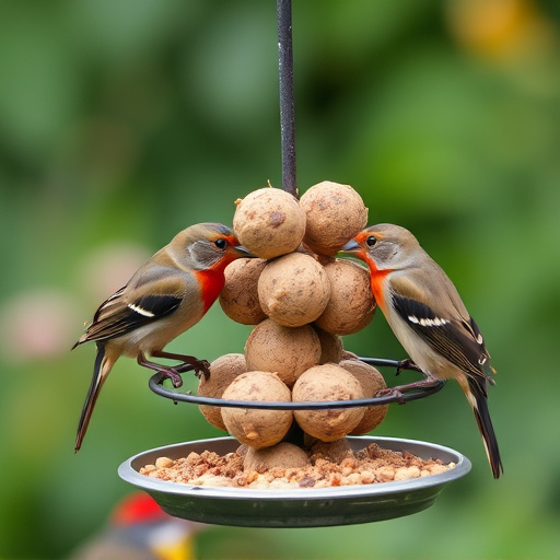 Garden birds sharing fat balls in feeder