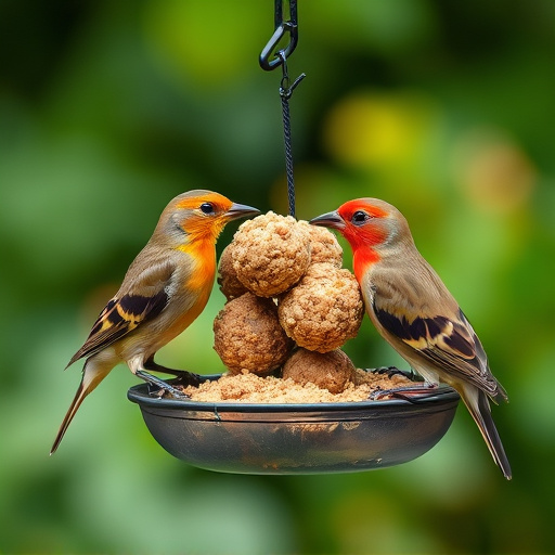 Garden birds sharing fat balls in feeder