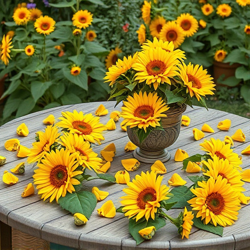 Garden table scattered with sunflower hearts