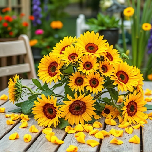 Garden table scattered with sunflower hearts