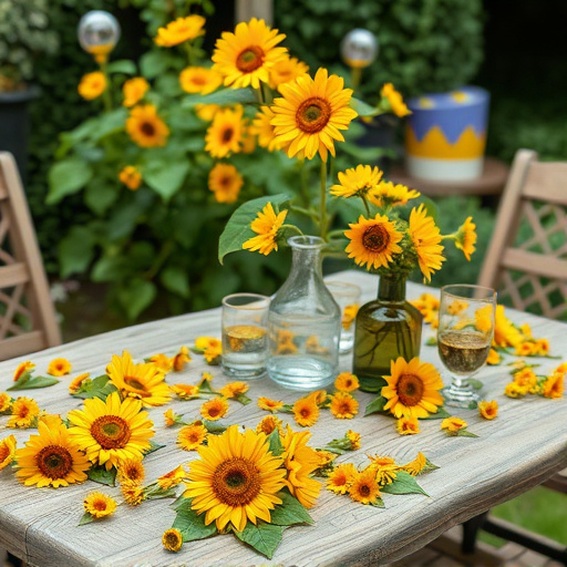 Garden table scattered with sunflower hearts