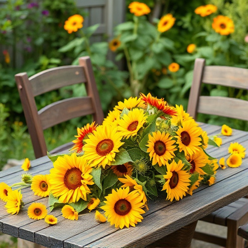 Garden table scattered with sunflower hearts