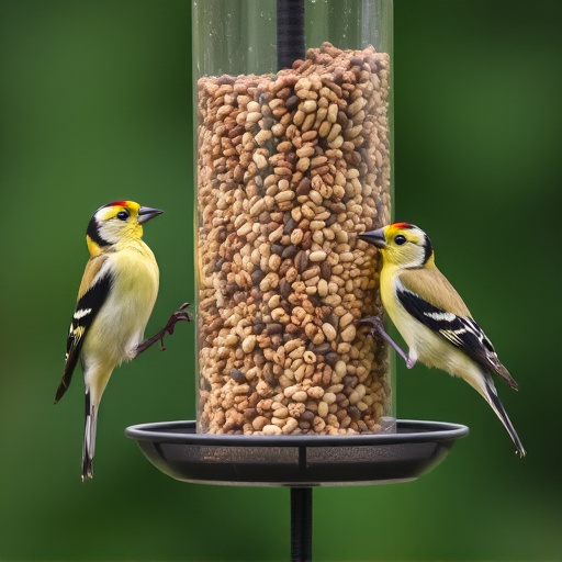 Goldfinches feeding on niger seed feeder