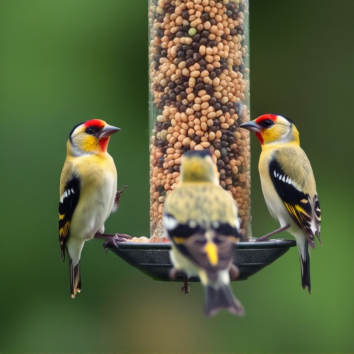 Goldfinches feeding on niger seed feeder