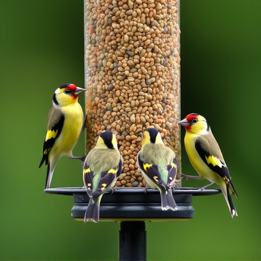 Goldfinches feeding on niger seed feeder