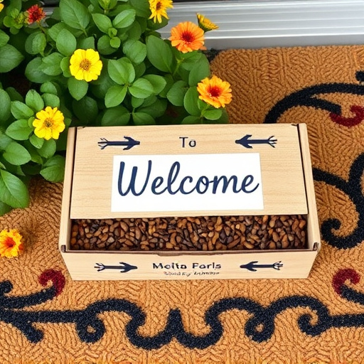 Labeled bird food box on welcome mat