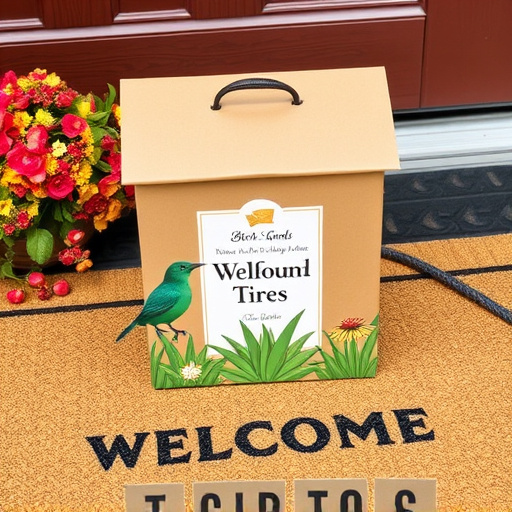 Labeled bird food box on welcome mat