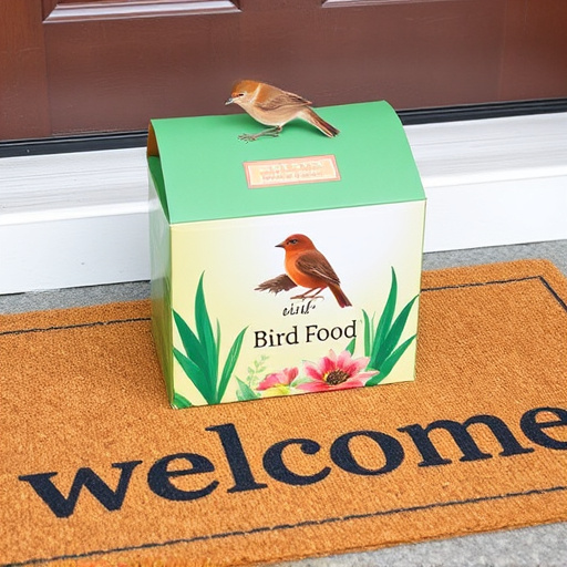 Labeled bird food box on welcome mat