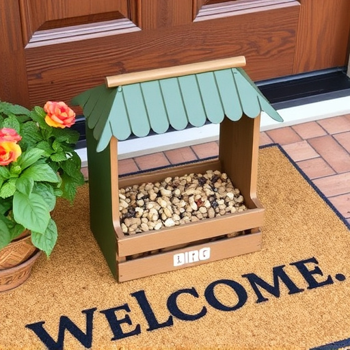 Labeled bird food box on welcome mat