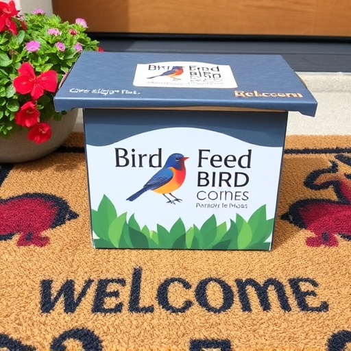 Labeled bird food box on welcome mat