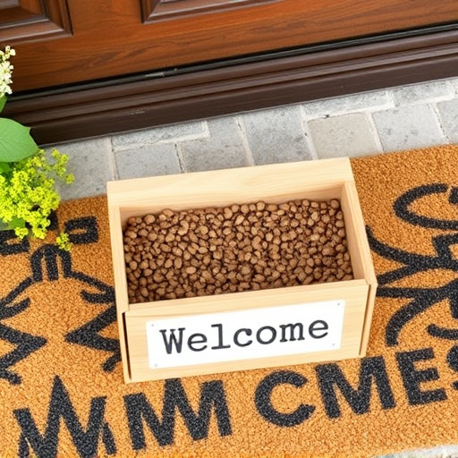 Labeled bird food box on welcome mat