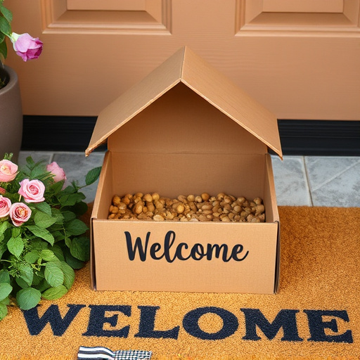 Labeled bird food box on welcome mat
