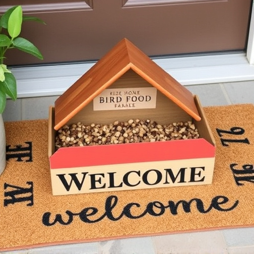 Labeled bird food box on welcome mat