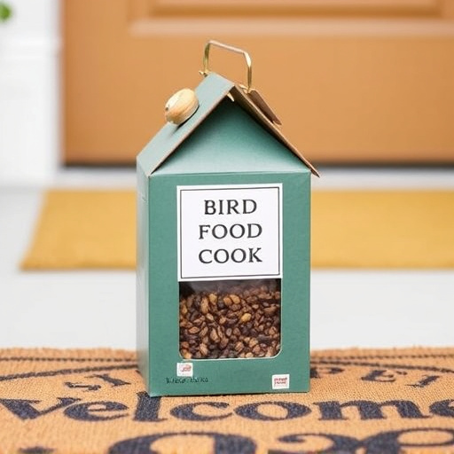 Labeled bird food box on welcome mat