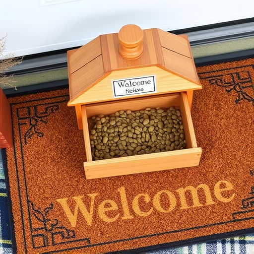 Labeled bird food box on welcome mat