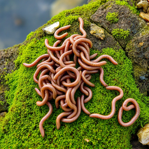Mealworms scattered on mossy stone perch