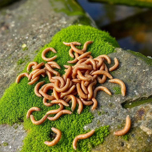 Mealworms scattered on mossy stone perch