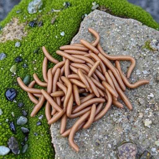 Mealworms scattered on mossy stone perch