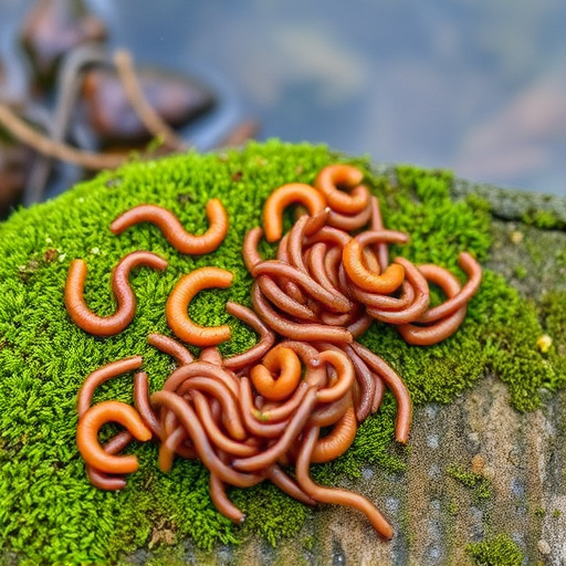 Mealworms scattered on mossy stone perch