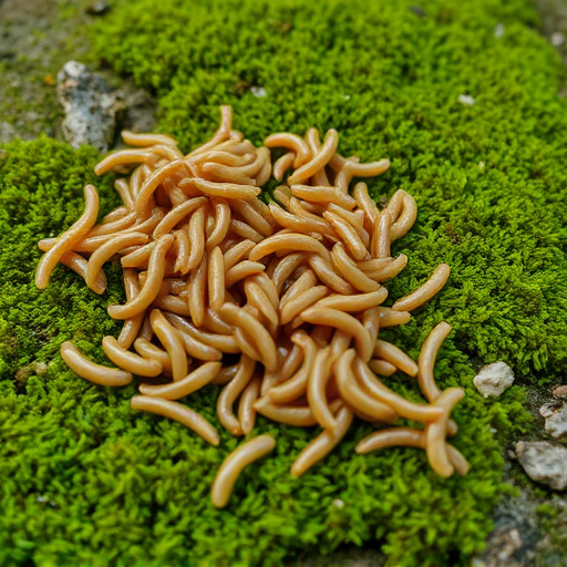 Mealworms scattered on mossy stone perch