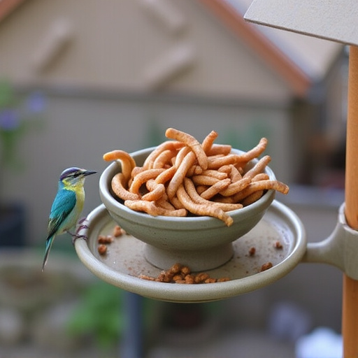 Mealworms served in low bird feeder