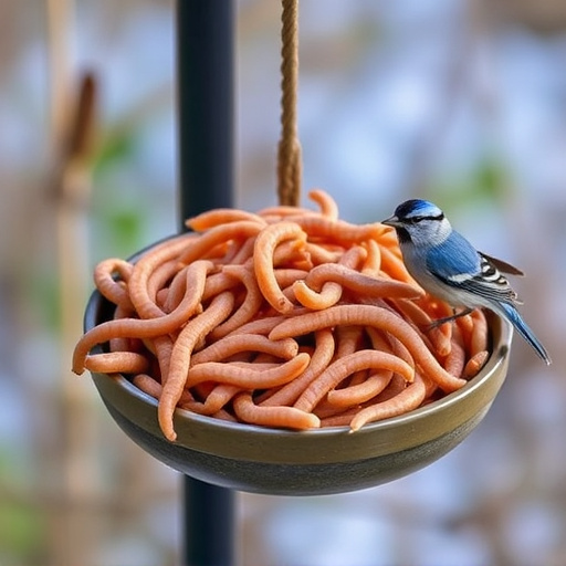 Mealworms served in low bird feeder