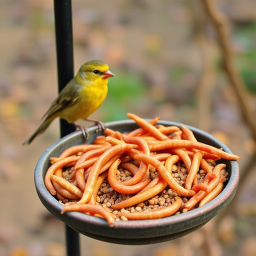 Mealworms served in low bird feeder