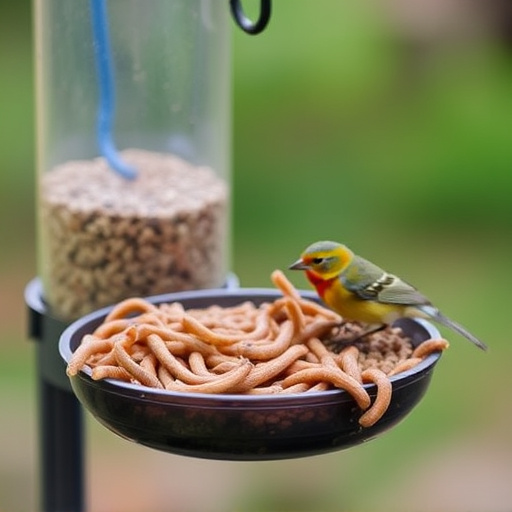Mealworms served in low bird feeder