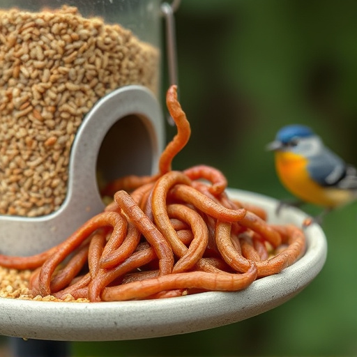 Mealworms served in low bird feeder