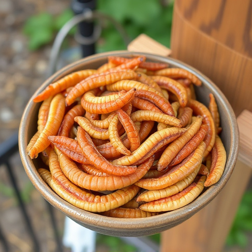 Mealworms served in low bird feeder