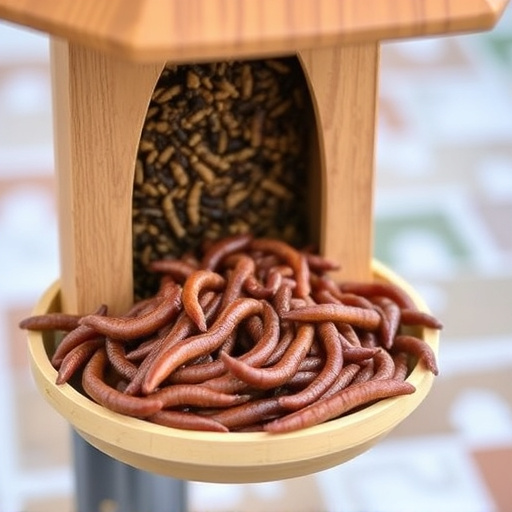 Mealworms served in low bird feeder
