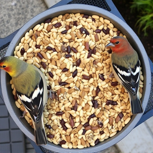 Mixed seed in shallow tray for finches