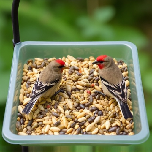 Mixed seed in shallow tray for finches