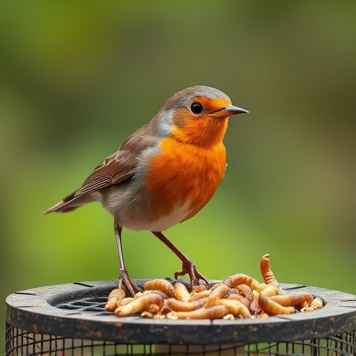Robin eating mealworms from bird table