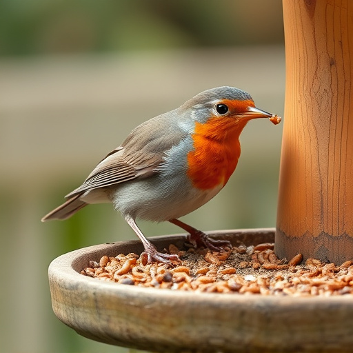 Robin eating mealworms from bird table
