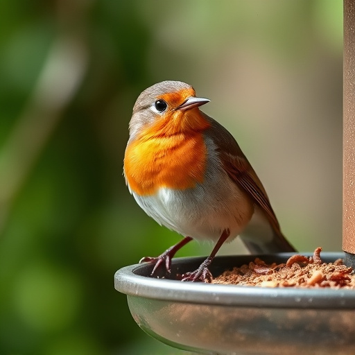 Robin eating mealworms from bird table