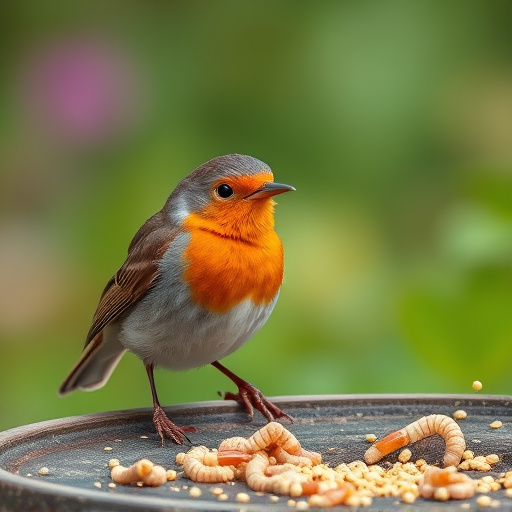 Robin eating mealworms from bird table