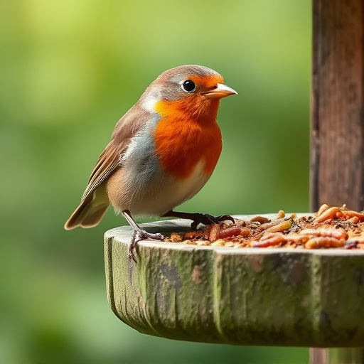 Robin eating mealworms from bird table