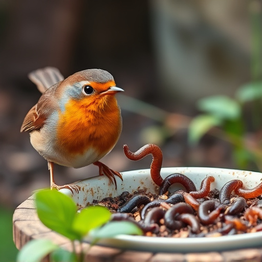 Robin eating mealworms from garden dish