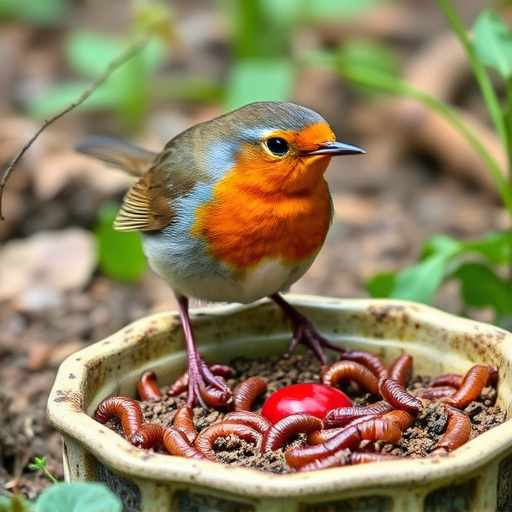 Robin eating mealworms from garden dish