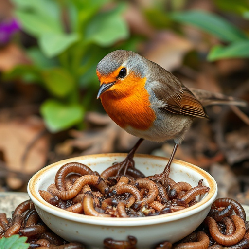 Robin eating mealworms from garden dish