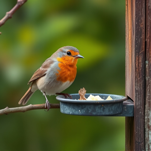 Robin feeding from low dish of suet