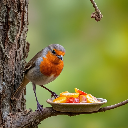 Robin feeding from low dish of suet