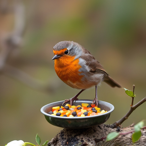 Robin feeding from low dish of suet