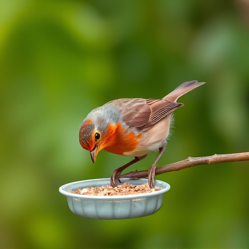 Robin feeding from low dish of suet