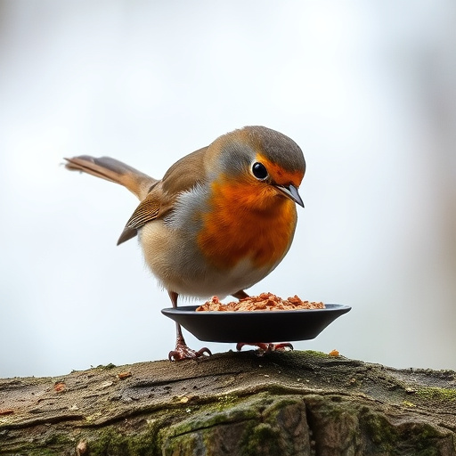 Robin feeding from low dish of suet