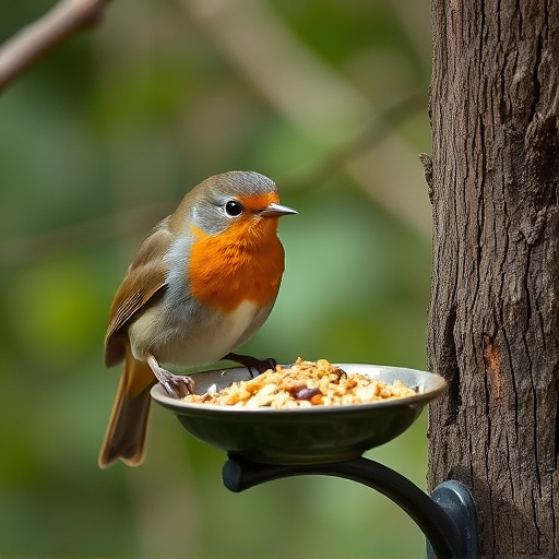 Robin feeding from low dish of suet