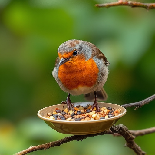 Robin feeding from low dish of suet