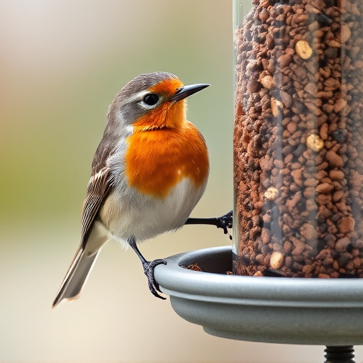 Robin perched beside suet-filled feeder